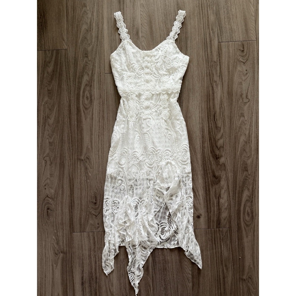 Rihoas White Lace Asymmetrical Midi Dress Womens Small Coquette Feminine Coastal - Picture 9 of 9